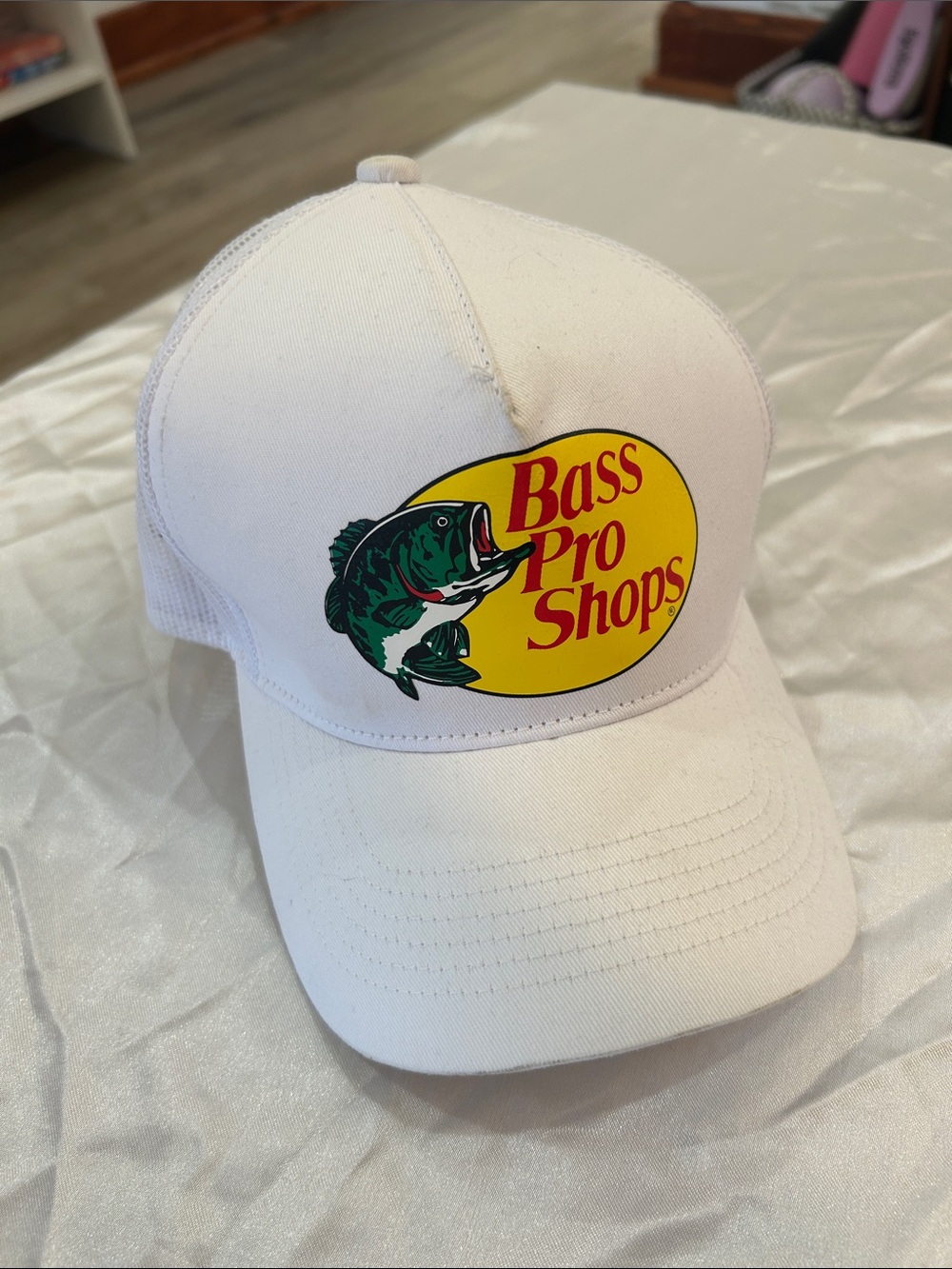 Bass Pro Shops White Hat with Yellow Logo and Green Fish